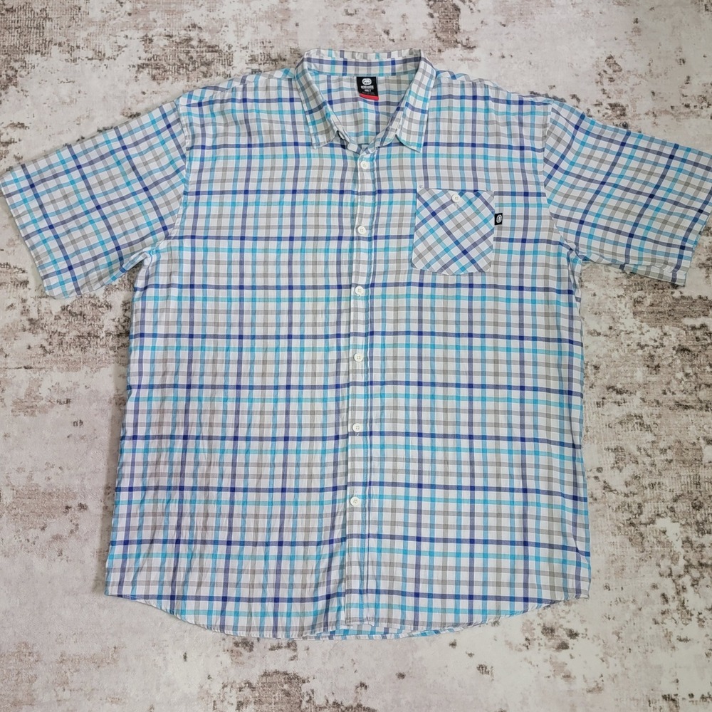 Ecko Unltd Men's 4XLT Shirt Short Sleeve Plaid Blue Grey Big & Tall Rhino Logo